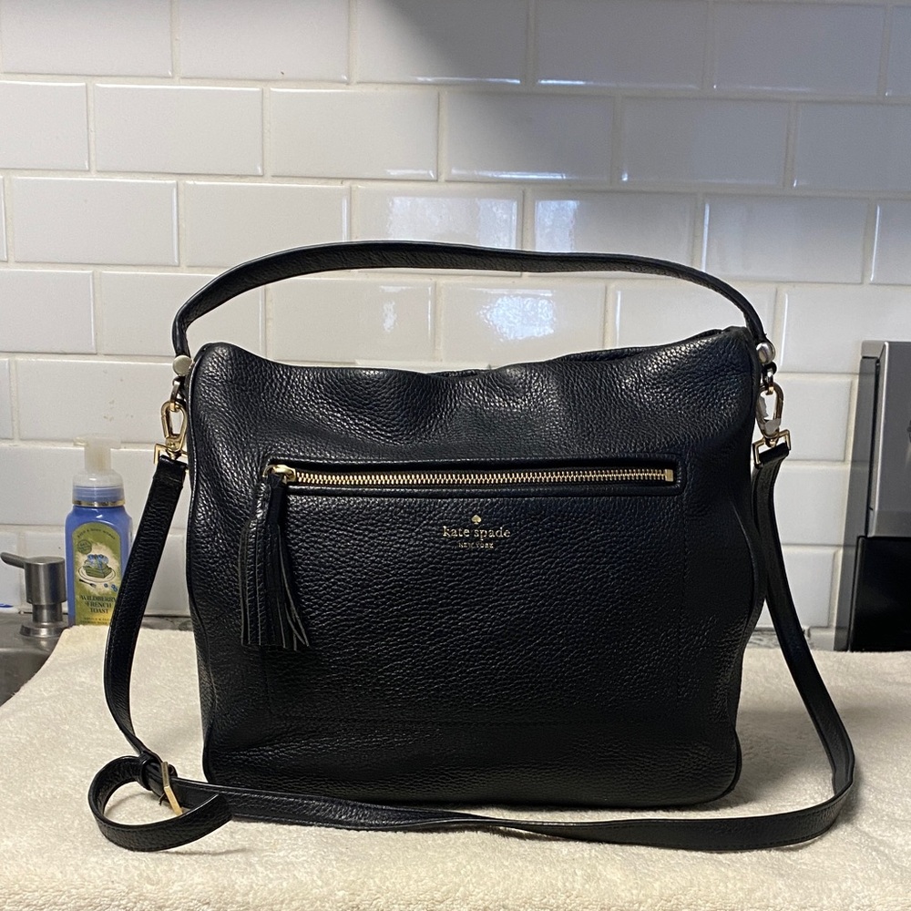 Kate Spade Black Leather Shoulder Bag with Gold Accents
